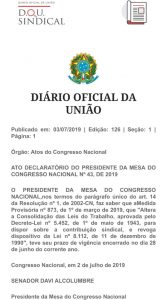 Diário Oficial publica o fim da MP 873